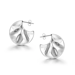Modern irregular C-shaped fan earrings in silver finish with organic hammered texture