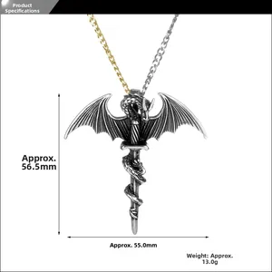 Detail of dragon sword pendant showing dimensions 56.5mm height and 13g weight