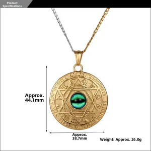 Detailed macro view of retro celestial evil eye pendant with size measurements