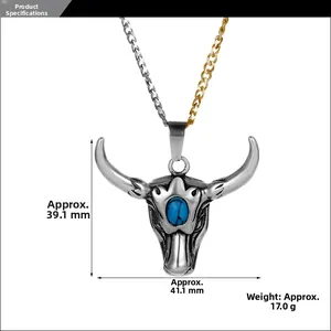 Détails du pendentif tête de yak avec pierre bleue et dimensions de la chaîne bicolore