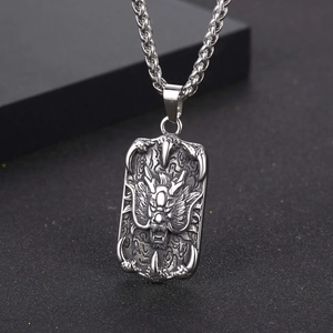Retro dragon head relief rectangle pendant with steel chain in vintage silver finish