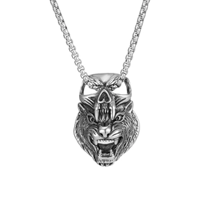 Retro titanium steel wolf skull pendant necklace featuring a roaring tiger design