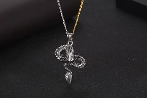 Macro shot of retro dragon pendant with detailed scales and bicolor link chain