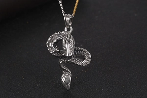 Macro shot of retro stainless steel dragon pendant with intricate silver scales and dual-tone chain