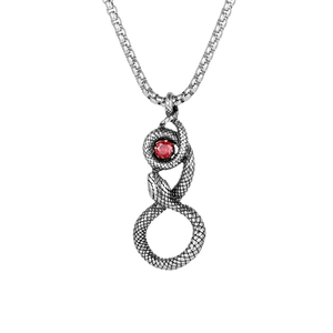 Collier Pendentif Serpent en Acier au Titane Vintage pour Hommes Incrusté de Zirconia Rouge Double Serpent Infini Bijoux Punk