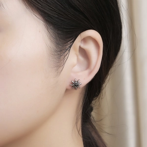 Titanium steel sunburst stud earrings with black zircon center and vintage silver finish
