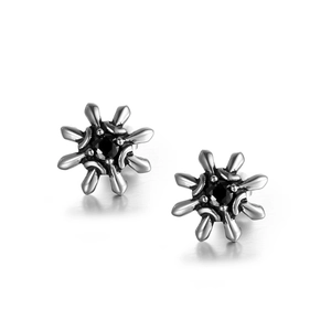 Titanium steel sunflower stud earrings with black zircon and vintage punk finish