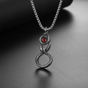 Collier rétro en acier inoxydable avec pierre rouge et pendentif serpent infini entrelacé