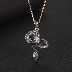Vintage titanium steel dragon pendant necklace with dual-tone twisted rope chain in silver finish