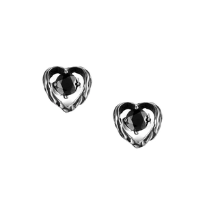 Retro-Ohrstecker aus Titanstahl mit schwarzen Zirkonia-Herzen in antikem Silber-Look
