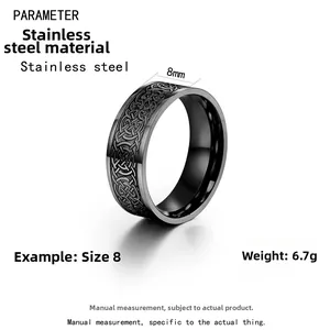 Macro detail of 8mm black stainless steel ring showing Celtic knot texture and 6.7g weight
