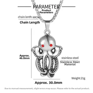 Detail view of octopus pendant necklace with size measurements in stainless steel