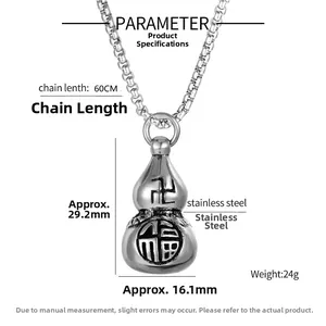 Detailed size specifications for the stainless steel gourd pendant with lucky symbol engraving