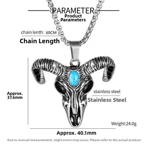 Detail view of retro titanium steel skull pendant with turquoise stone inlay and dimensions
