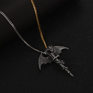 Gothic titanium dragon sword pendant on two-tone cuban chain necklace for men