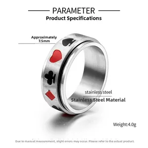 Spécifications détaillées d'une bague poker en acier inoxydable, largeur 7,5mm, poids 4,0g