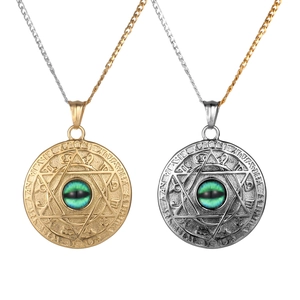 Vintage Stainless Steel Hexagram Evil Eye Pendant Necklace For Men Women Mystic Zodiac Rune Round Coin Necklace Jewelry Gift