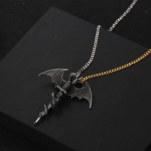 Gothic dragon sword pendant necklace with two-tone silver and gold curb chain for men