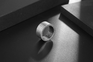 Industrial vintage titanium steel wide band ring with a distressed matte finish