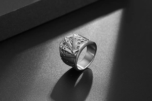 Detailed relief of playing card poker motifs on silver vintage stainless steel men's ring
