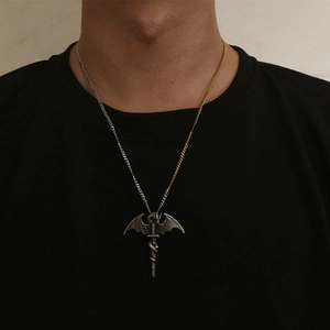 Gothic dragon and sword pendant necklace for men with two-tone gold and silver chain