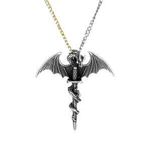 Gothic dragon and sword pendant necklace in vintage silver finish with a two-tone chain