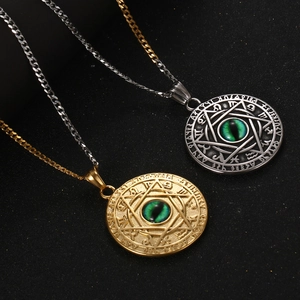 Vintage titanium steel Evil Eye pendant necklace with dual-tone astrological rune charms