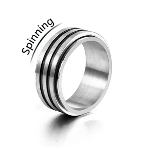 Bague Spinner en Acier Titane pour Hommes Anneau Rotatif Avec Rainures Noires Finition Brossée Style Punk Industriel Bijoux de Doigt