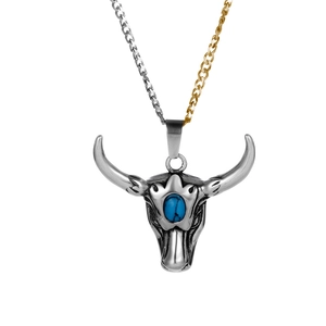 Pendentif tête de taureau rétro en acier inoxydable argenté avec pierre turquoise bleue
