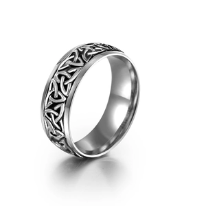 Nordic Viking stainless steel ring featuring silver Celtic knot patterns and black oxidation