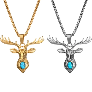 Vintage Stainless Steel Deer Head Pendant Necklace Artificial Turquoise Inlaid Animal Reindeer Jewelry For Women Men Gift