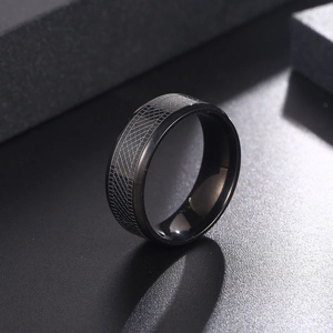 Men's black titanium steel ring featuring dark grid snakeskin texture and punk style