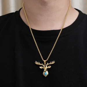 Golden stag deer head pendant with blue turquoise stone on stainless steel chain
