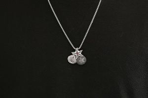 Macro detail of silver starfish with red gemstone, shell and sand dollar pendants
