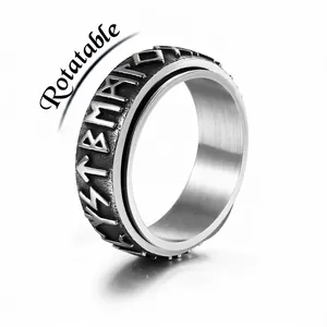 Vintage Stainless Steel Viking Rune Spinner Ring For Men Retro Distressed Rotatable Stress Relief Finger Band Jewelry