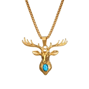 Golden stag deer head necklace with oval blue turquoise pendant on stainless steel chain