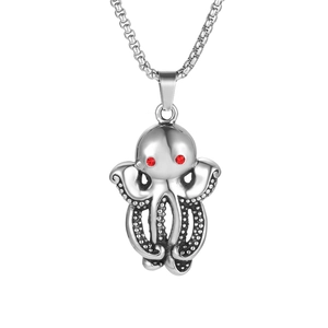 Retro Stainless Steel Octopus Pendant Necklace For Men Punk Hip Hop Jewelry Red Rhinestone Eye Octopus Animal Pendant