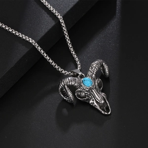 Gothic Ram Skull Pendant Necklace For Men Vintage Stainless Steel Bull Head Pendant Synthetic Turquoise Retro Jewelry