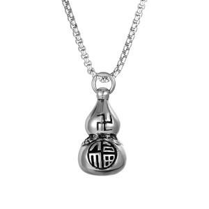 Vintage Chinese Style Stainless Steel Gourd Pendant Necklace For Men Luck Blessing Fu Character Charm Jewelry Lucky Wu Lou Necklace