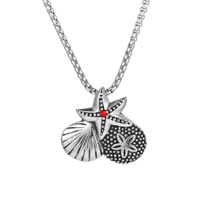 Vintage Stainless Steel Starfish Shell Pendant Necklace For Women Men Retro Marine Style Rhinestone Jewelry Gift