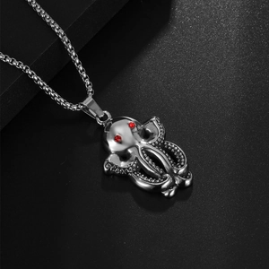 Vintage titanium steel octopus pendant necklace with red gemstone eyes on box chain