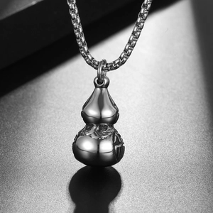 Vintage Chinese calabash pendant necklace in polished black titanium steel with Fu character