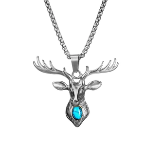 Silver deer head pendant necklace with blue turquoise stone on a sturdy box chain