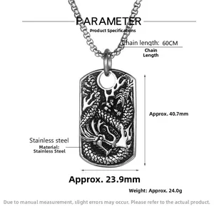 Detail showing vintage dragon relief pendant with dimensions 40.7mm x 23.9mm in stainless steel