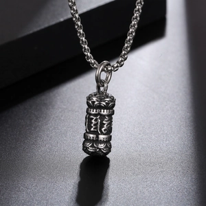 Retro Titanium Steel Lotus Mantra Cylinder Pendant Necklace For Men Women Religious Ethnic Style Fashion Jewelry Gift
