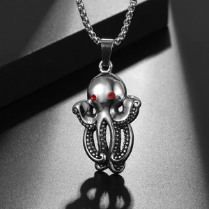 Retro titanium steel octopus necklace for men with red crystal eyes and metallic finish