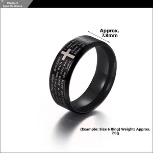 Detail of laser engraved Bible verse and cross on black stainless steel ring for men