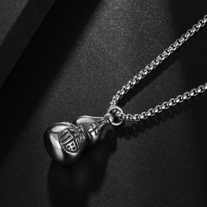 Vintage silver titanium steel gourd necklace with Fu symbol engraving on dark texture