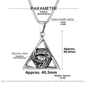 Macro view of Eye of Providence triangle pendant with 60cm chain length and dimensions