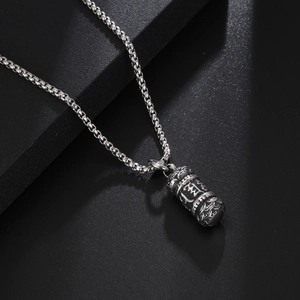 Retro stainless steel cylinder necklace for men with lotus and Sanskrit engraving